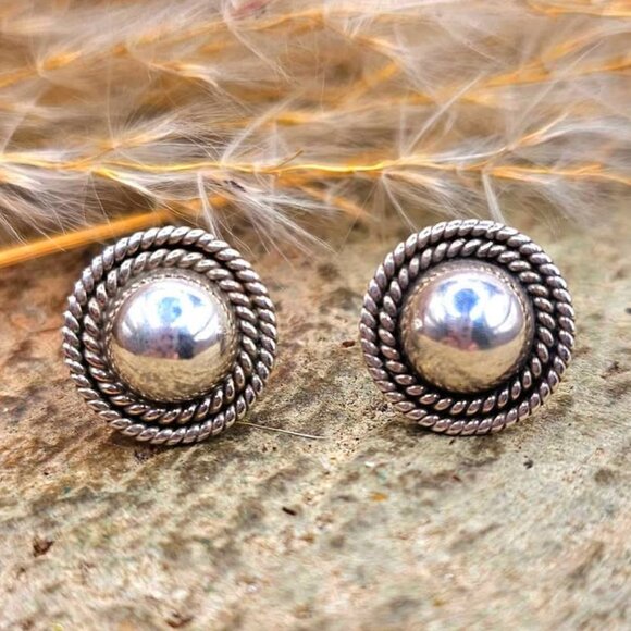 Vintage Mexico Double Rope Dome Button Sterling Silver Ear Stud - Picture 1 of 9